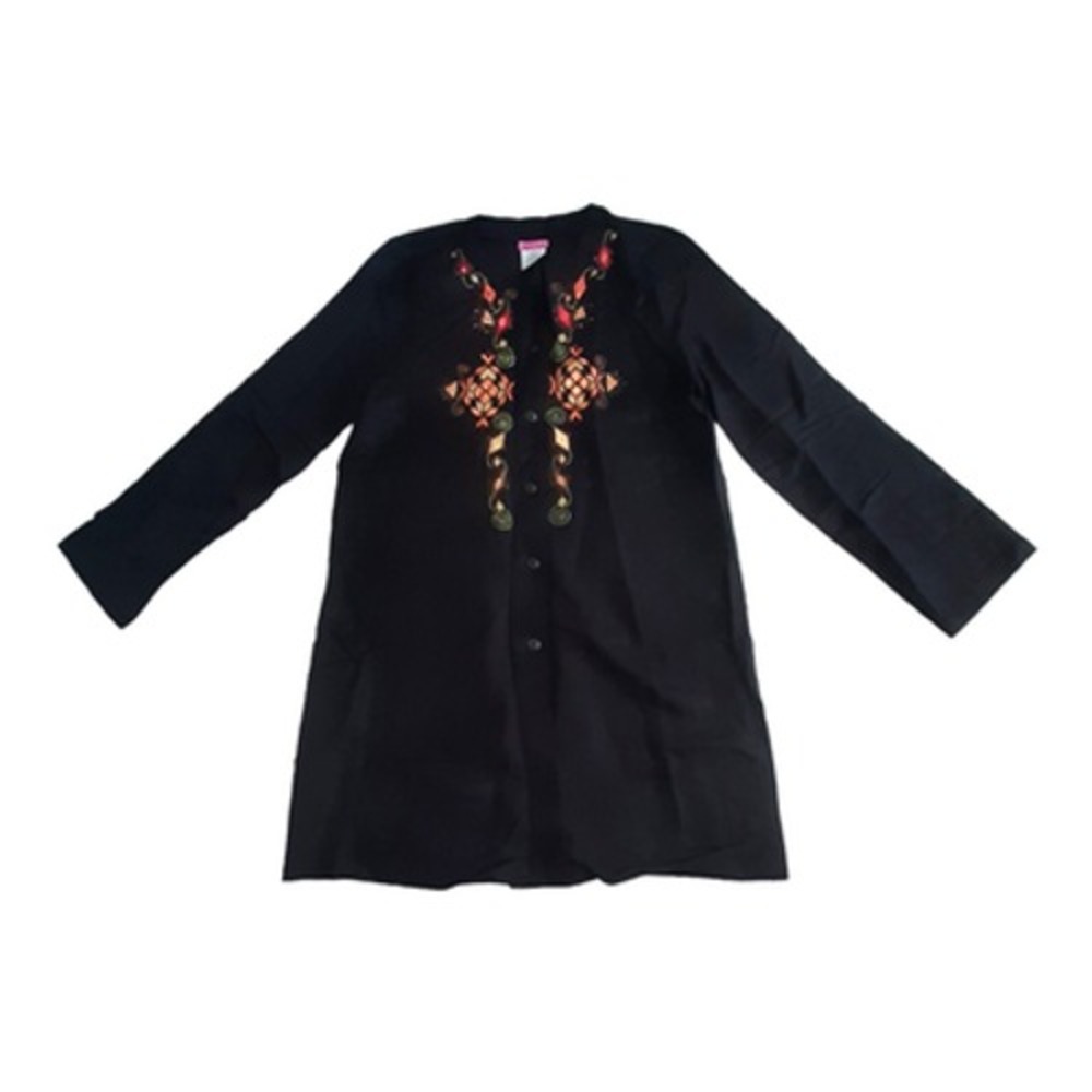 Ancora womens linen blend long shirt top Size XS embroidered beaded button front - Picture 2 of 6